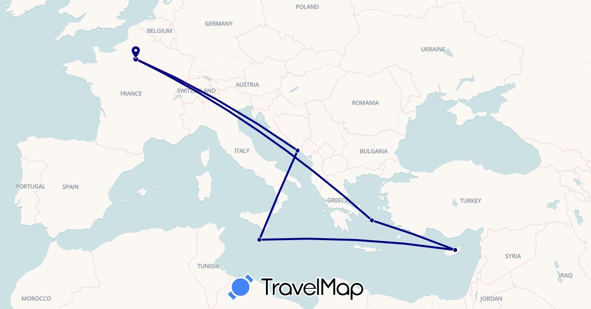TravelMap itinerary: driving in Cyprus, France, Greece, Croatia, Malta (Asia, Europe)
